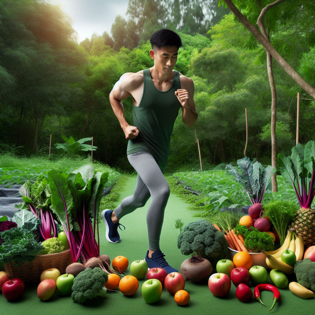 An Asian man does yoga in a lush natural setting, surrounded by scattered fresh fruits and vegetables.