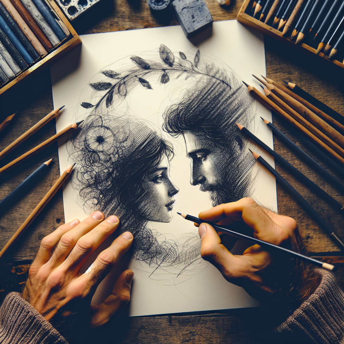 Two hands delicately hold a sketch of two individuals gazing into each other's eyes, surrounded by artistic tools in a serene setting.