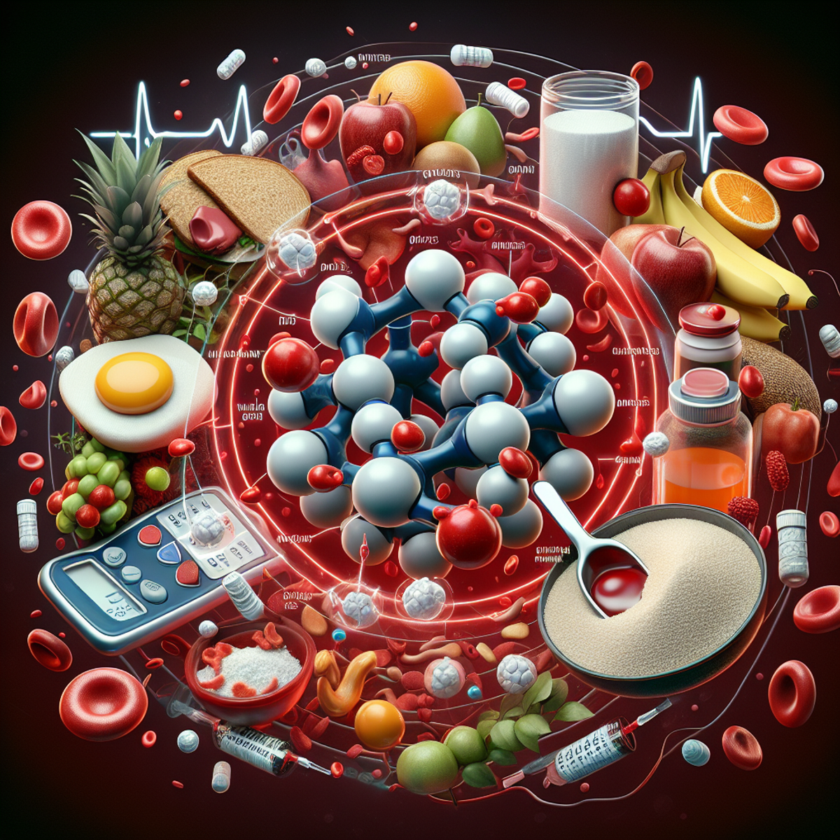 A 3D glucose molecule at the center, surrounded by a variety of fruits, vegetables, whole grains, lean proteins, and healthy fats. Red and white blood cells flowing in nearby blood vessels.