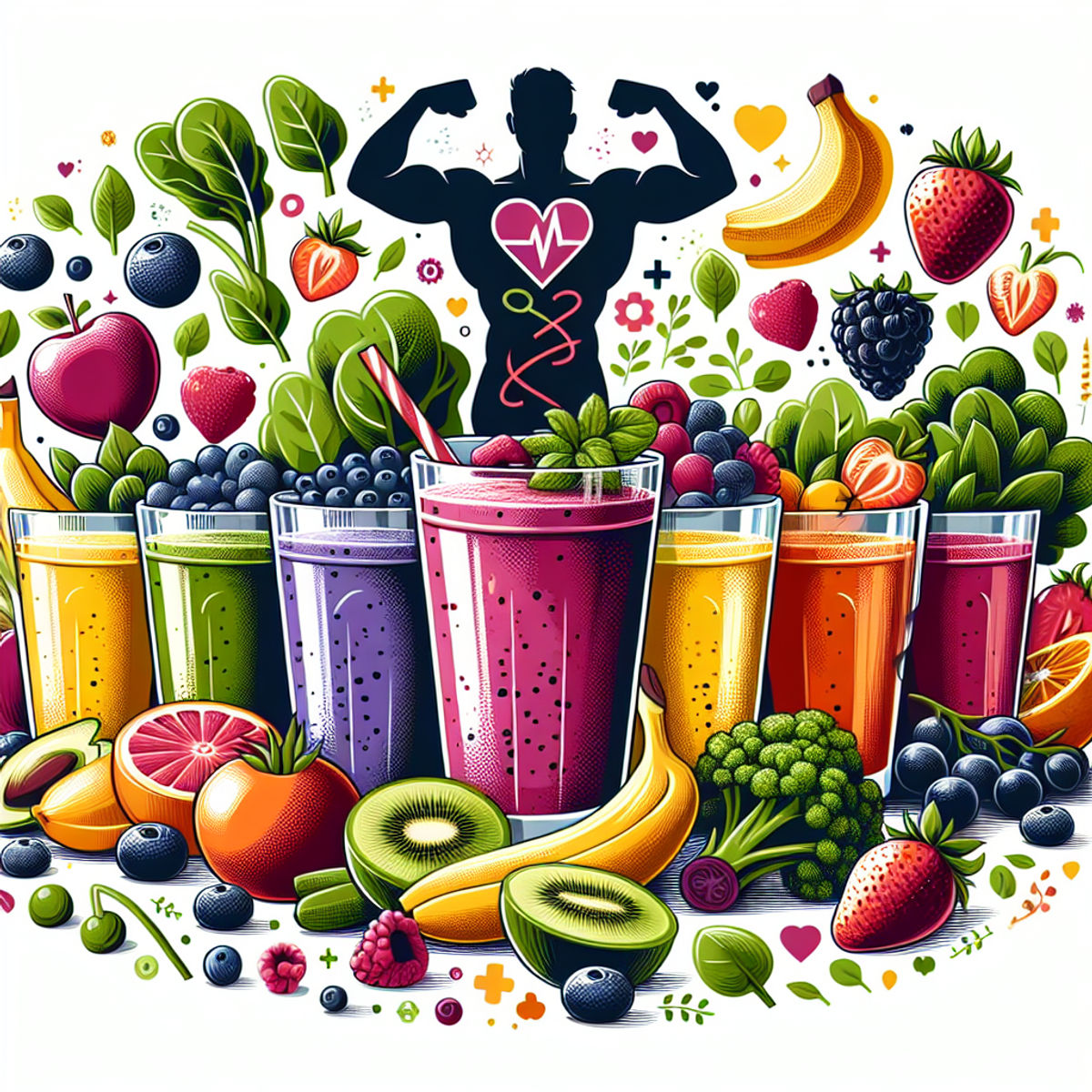 A person holding a glass of smoothie surrounded by fruits and vegetables, heart symbol, and weight loss arrow.