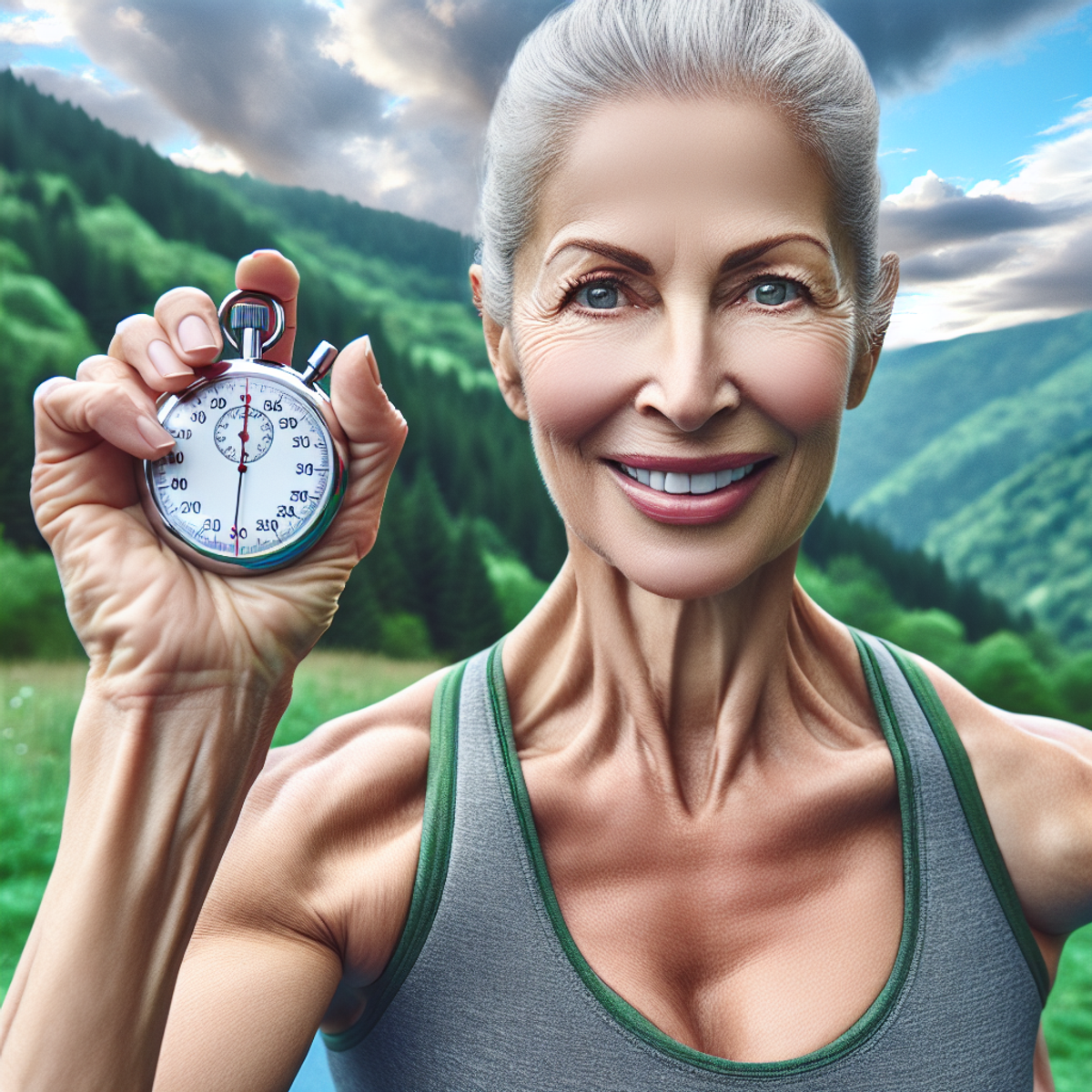 A middle-aged person in athletic wear holds a stopwatch, their face glowing with vitality as they exercise against a scenic green backdrop.