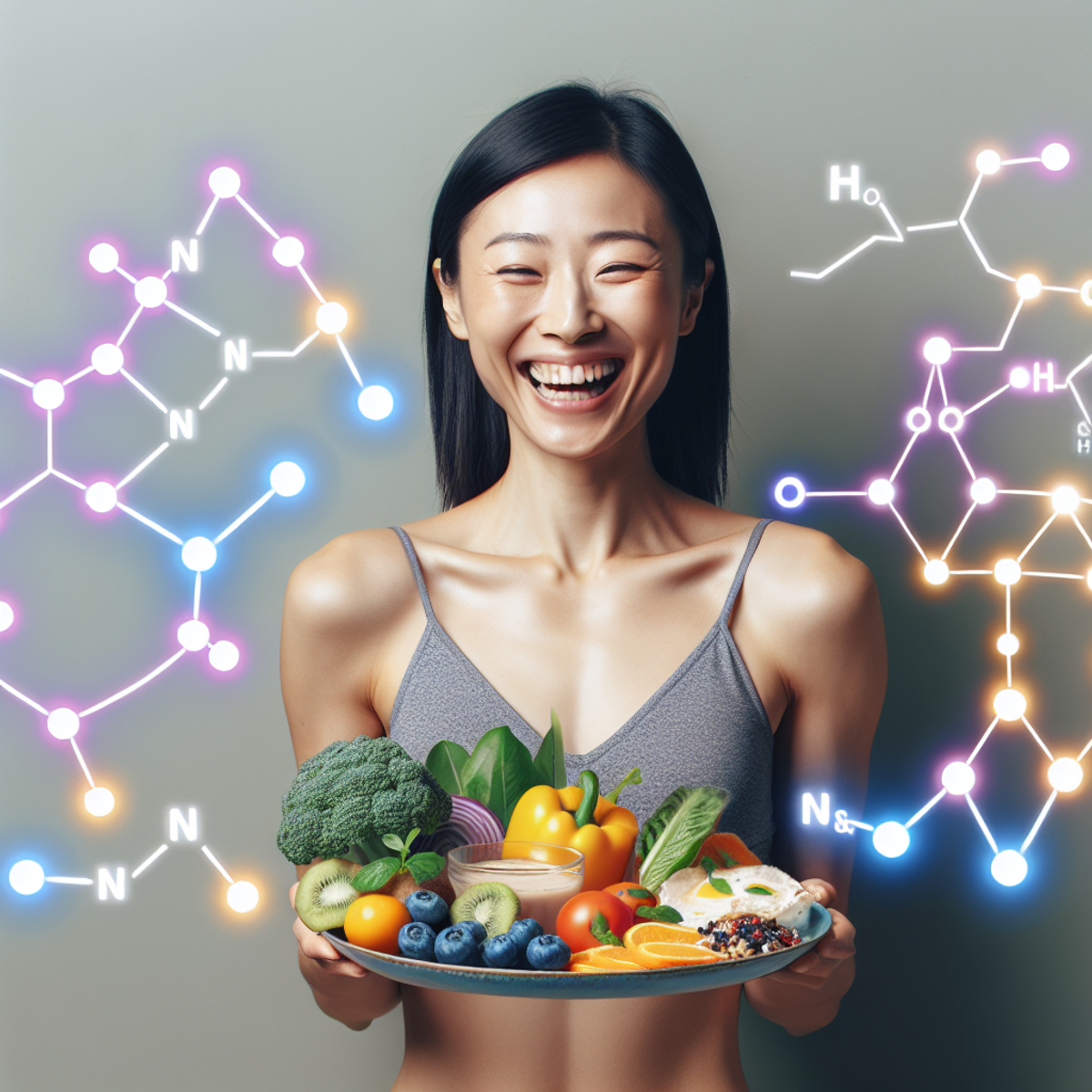 A happy woman holding a plate of healthy food surrounded by serotonin molecules.