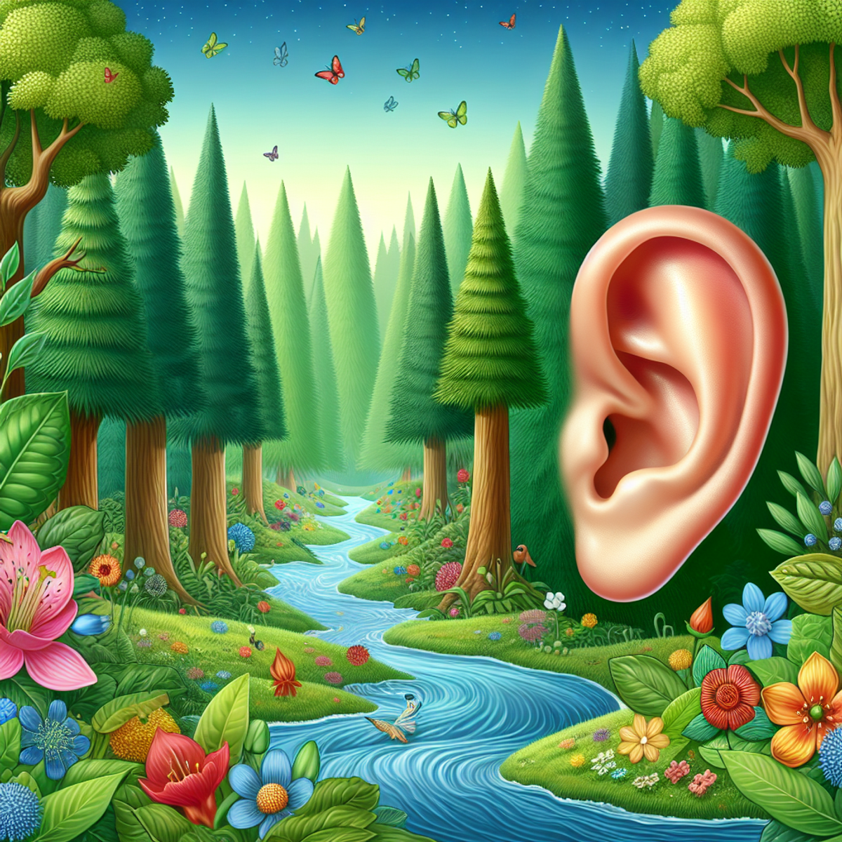 A healthy, vibrant human ear surrounded by a lush green forest filled with towering trees, colorful flowers, and a bubbling stream flowing through.