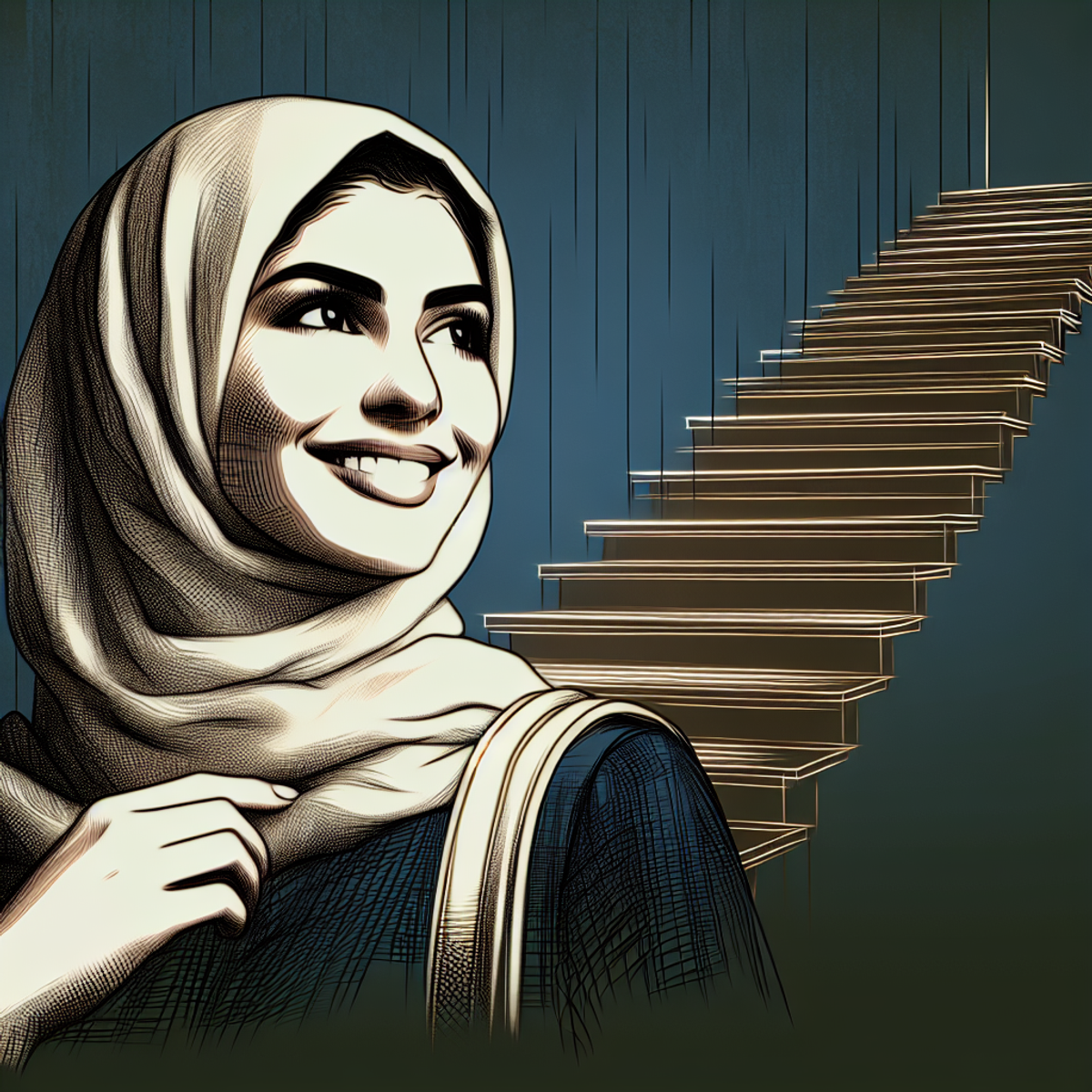 A Middle-Eastern woman confidently ascending a well-constructed staircase with a glowing smile and self-assured posture.