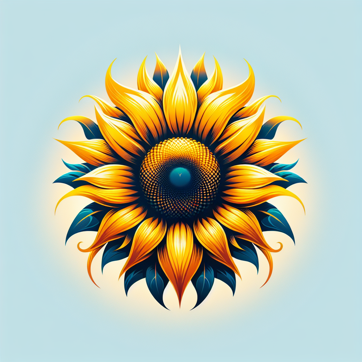 A close-up photo of a vibrant sunflower in full bloom, with glowing yellow and gold petals against a clear blue sky.