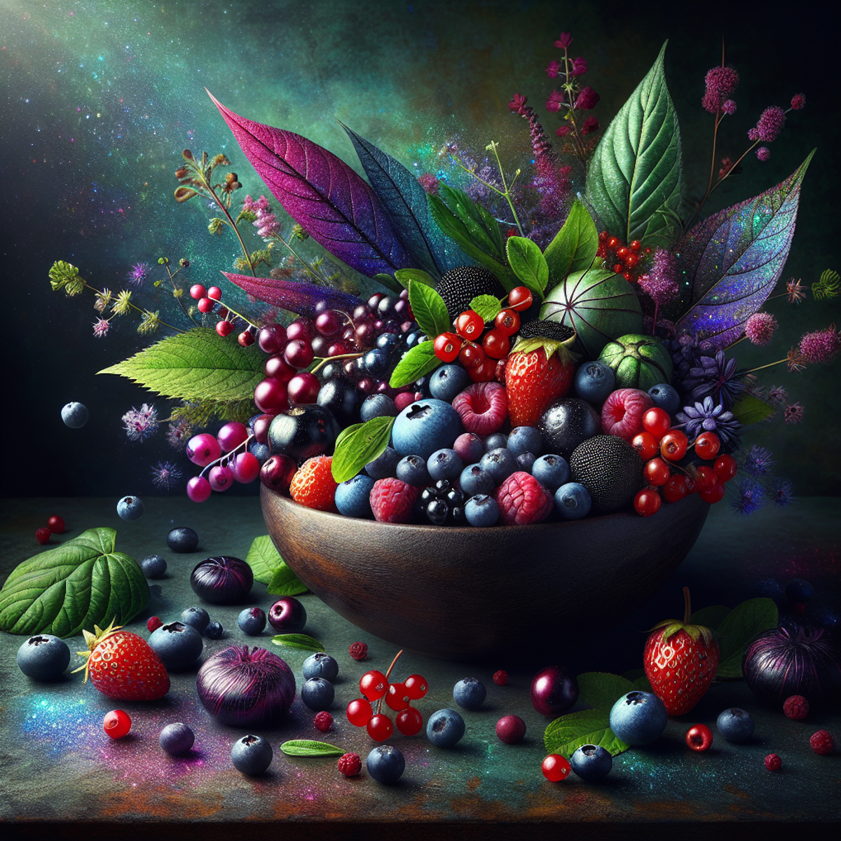 A bowl filled with assorted vibrant berries and healing herbs, showcasing nature's bounty in a dynamic scene.