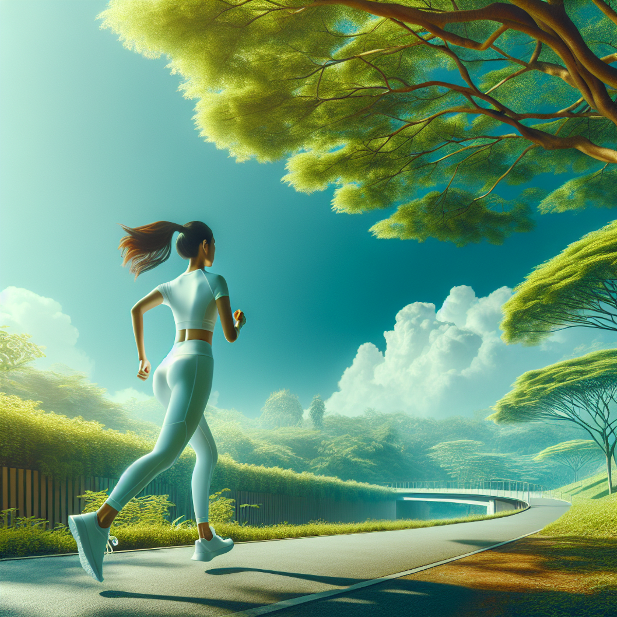 A woman jogging on a tree-lined path under a clear blue sky.