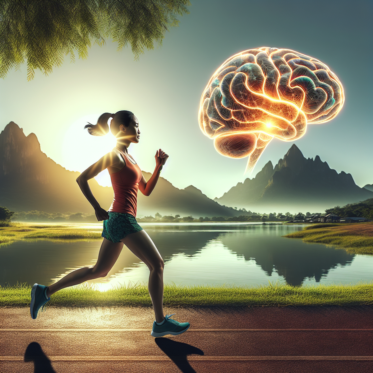 A South Asian female runner in mid-stride on a scenic outdoor trail with a lake and mountain range in the background, with a giant translucent brain g