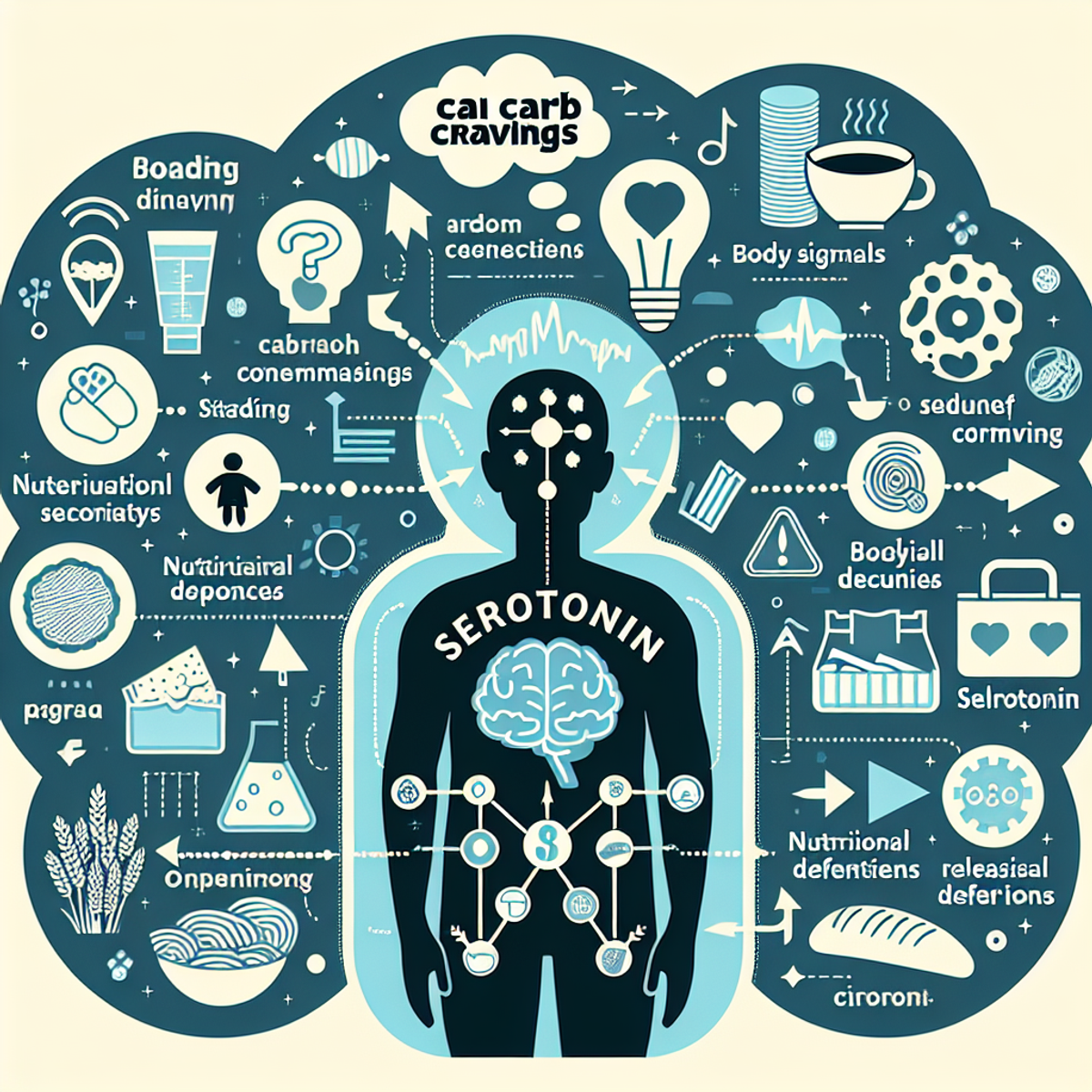 Digital art of a plate of various carb-rich foods like bread, pasta, and sweets, with a glowing brain in the background, symbolizing the link between carb cravings and body signals.