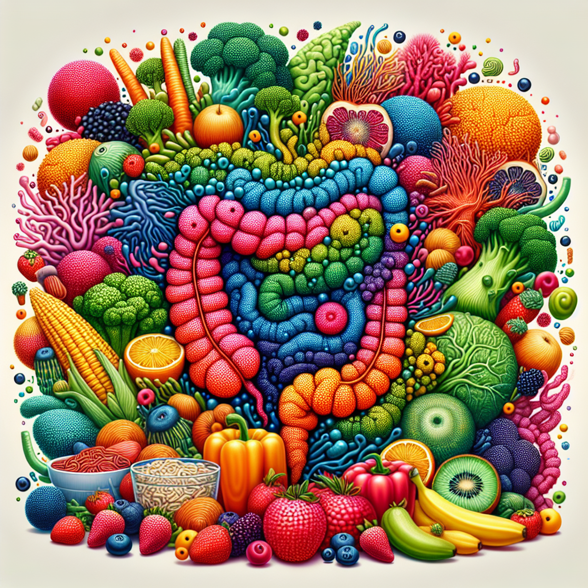 A vibrant and diverse array of fruits and vegetables surrounding a thriving representation of a gut microbiome.