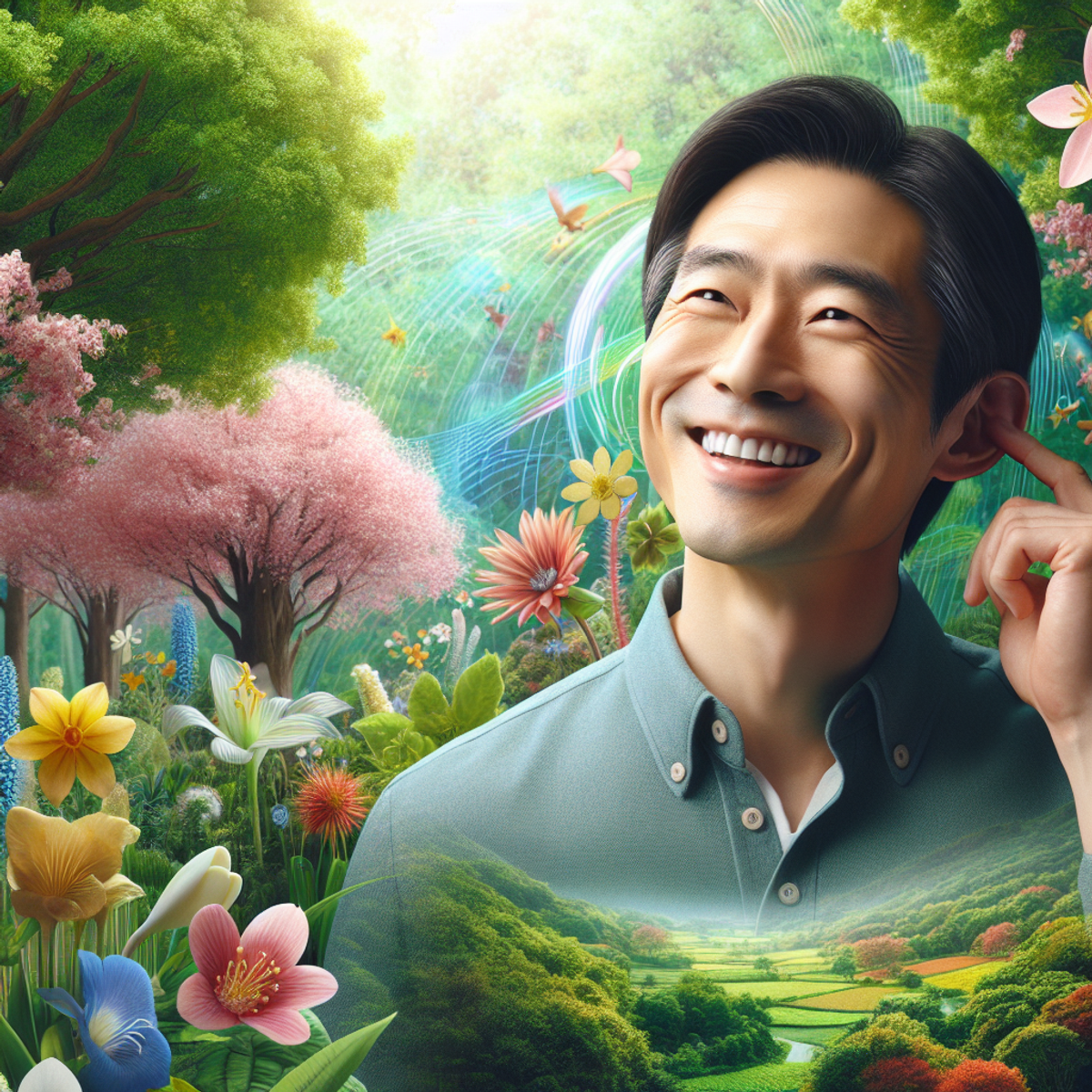 An Asian man smiling in a vibrant garden, showcasing healthy ear.