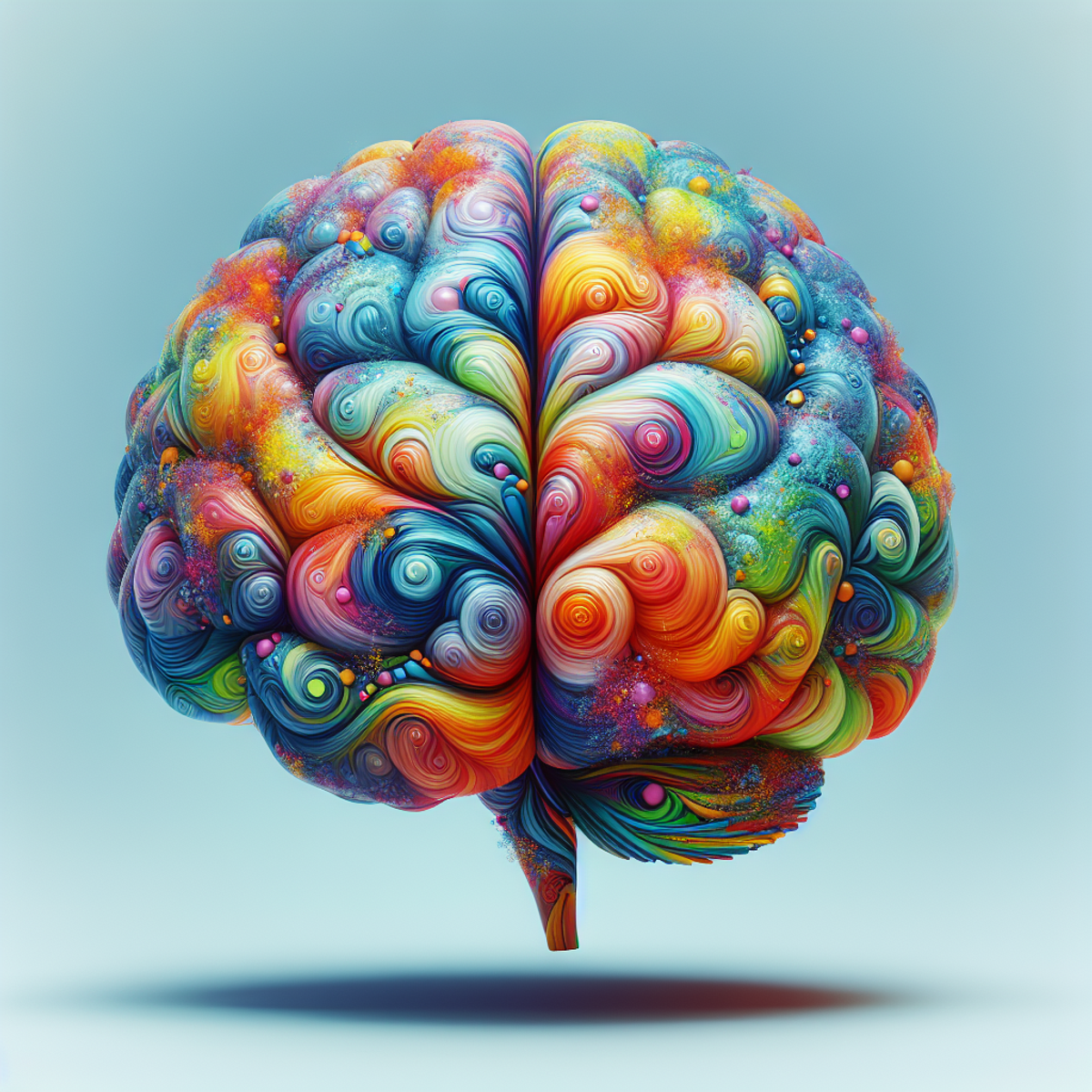 A vibrant and colorful brain overflowing with intricate patterns, representing cognitive well-being and mental health.