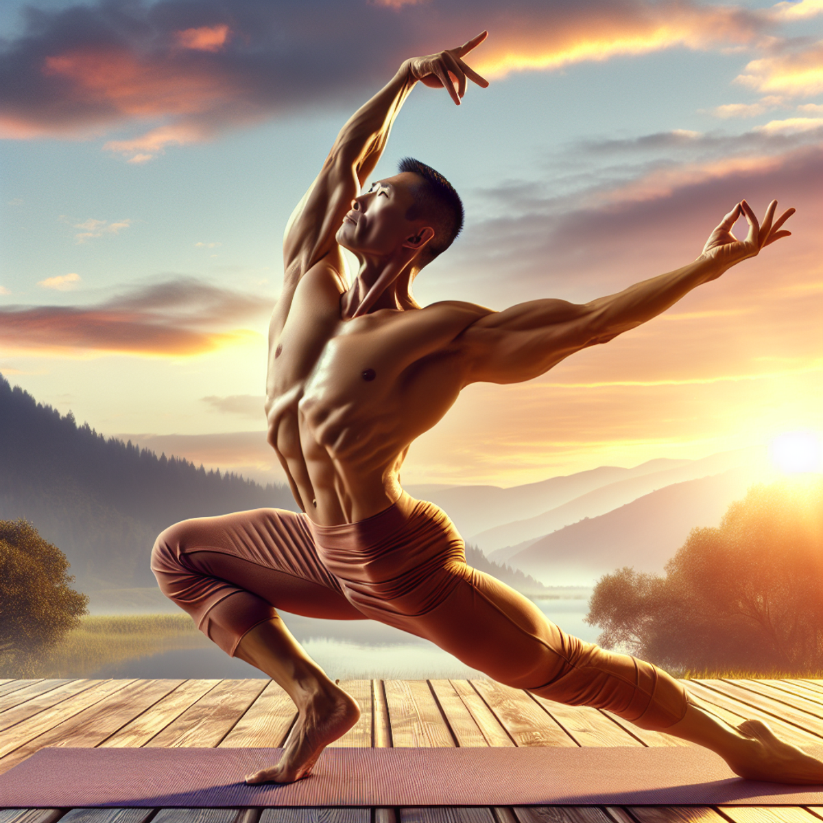 An image alt text: A middle-aged Asian man performing a graceful and flexible pose, with a toned body, against a motivational sunrise or sunset backgr