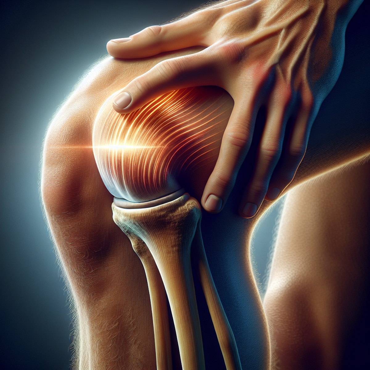 A close-up image of a human knee being gently grasped by a hand, depicting care and support for knee health.