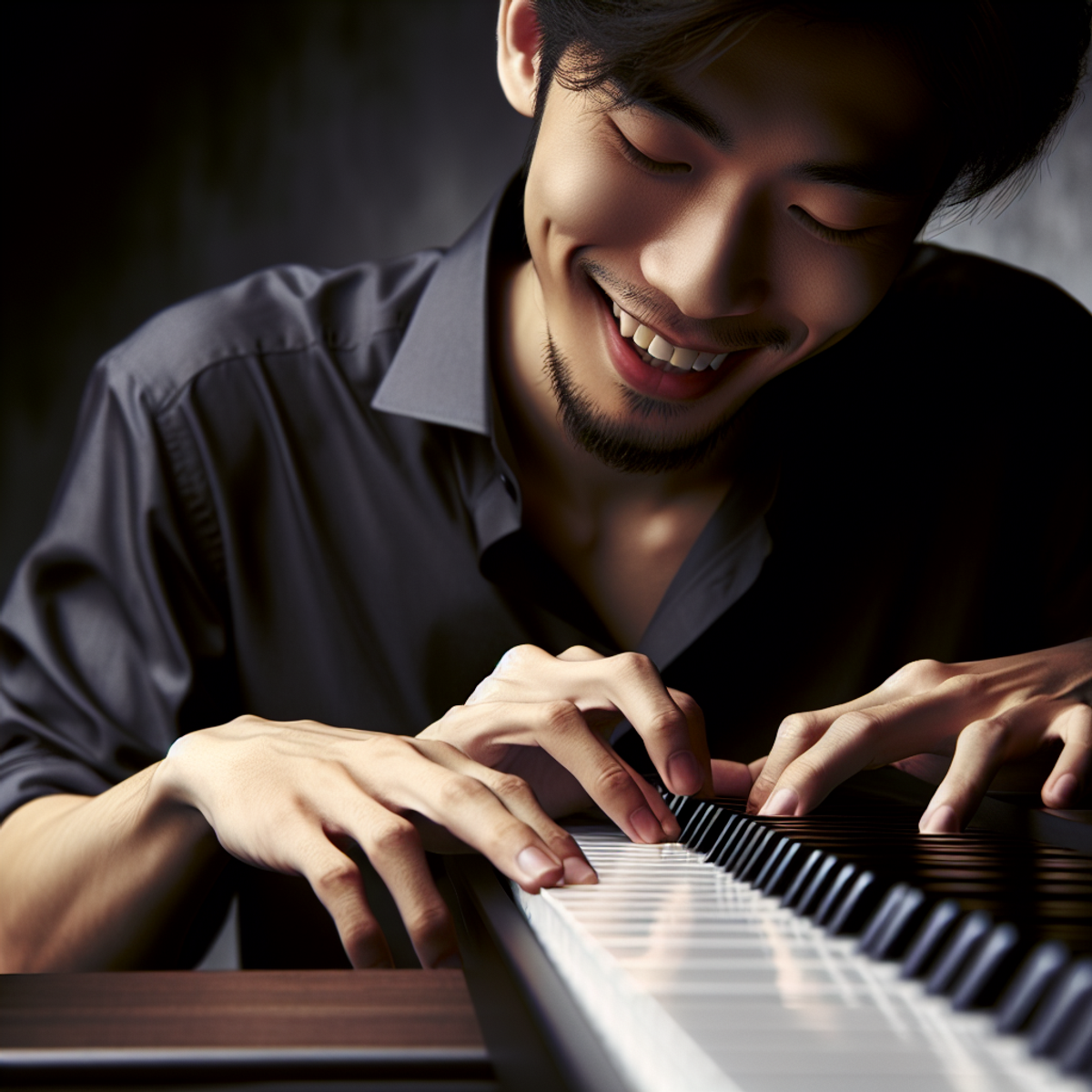 A man with eyes closed playing the piano passionately.