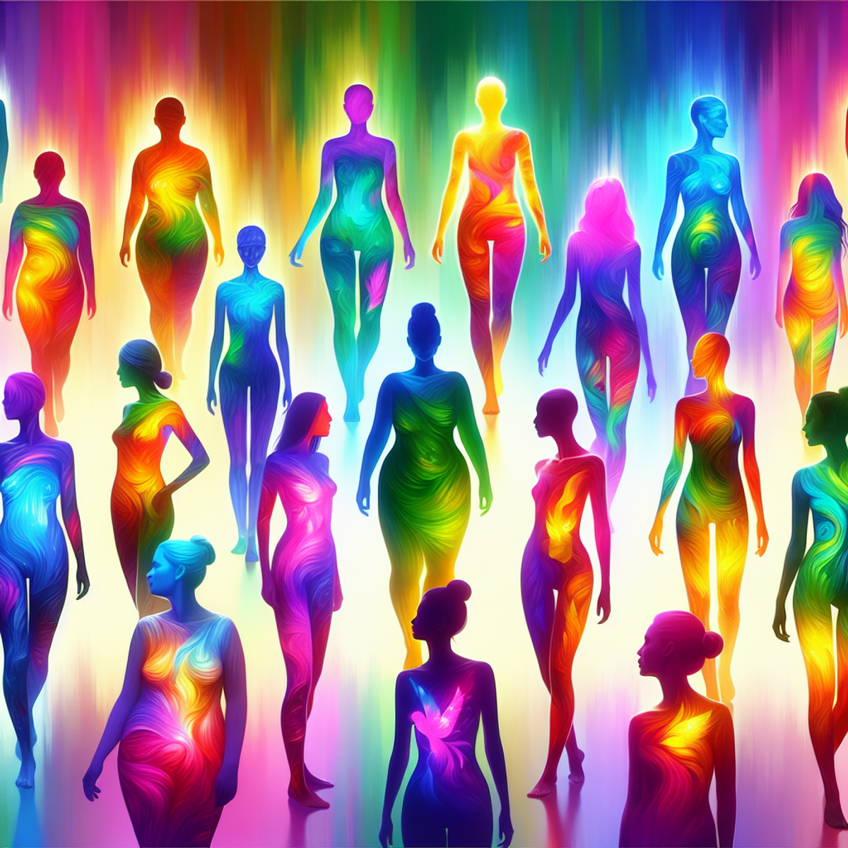 A diverse group of colorful silhouettes representing body positivity and self-acceptance.