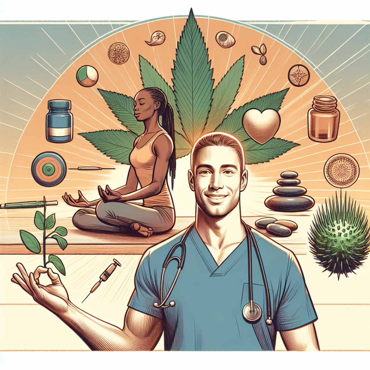 A Caucasian male patient participates in a yoga session, while a Black female practices acupuncture. A green plant signifies herbal treatments, and a