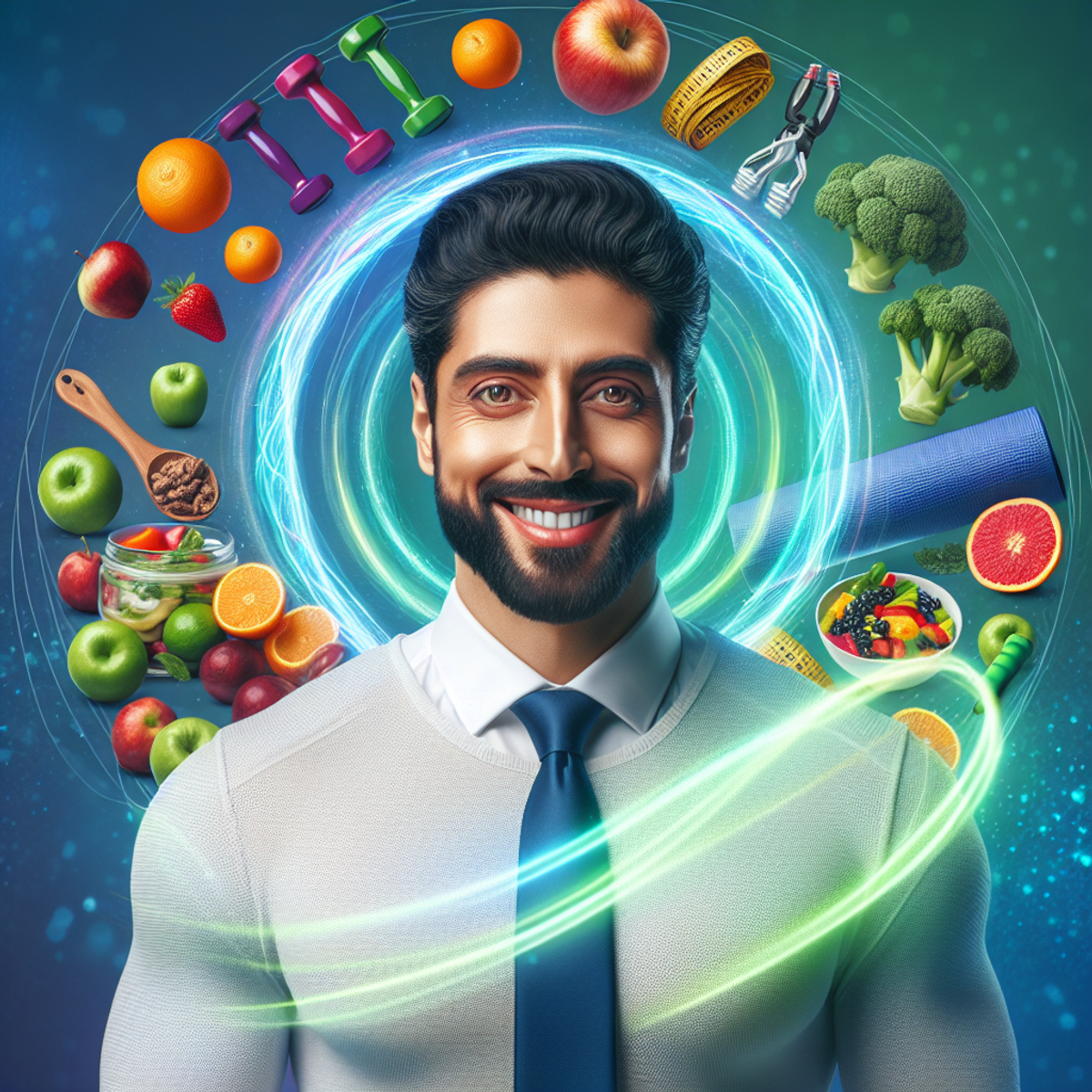 A Middle-Eastern man surrounded by fruits, vegetables, and exercise gear, with a glowing symbol representing great metabolic health.