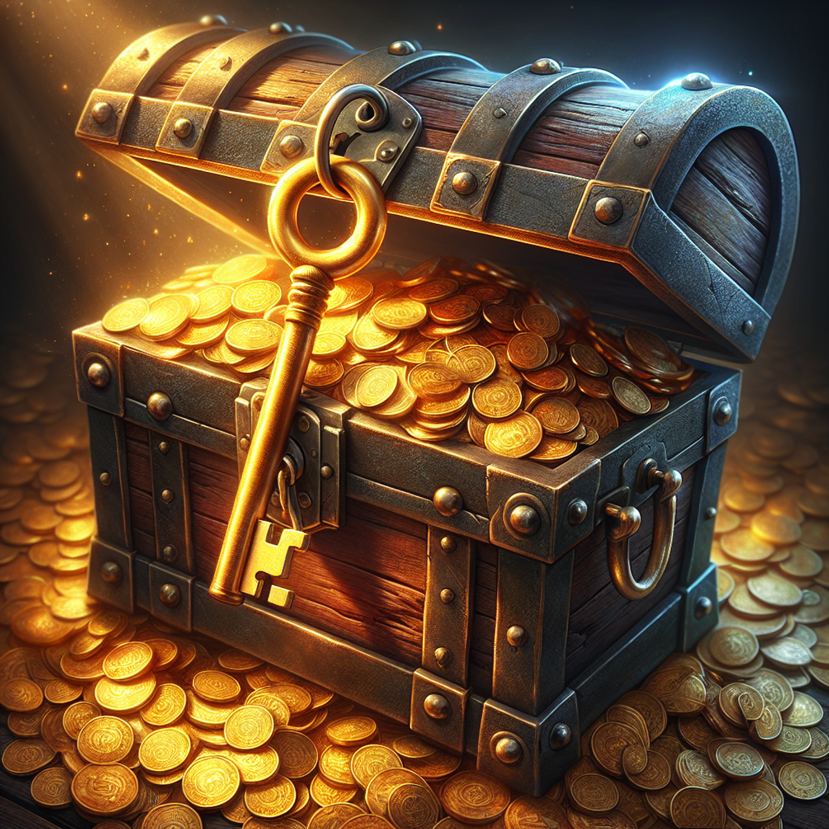 A golden key unlocking an old-world treasure chest filled with gold coins and cash.