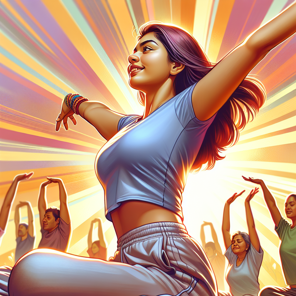 A South Asian woman stretching with joy and ease in a vibrant, energized morning atmosphere.