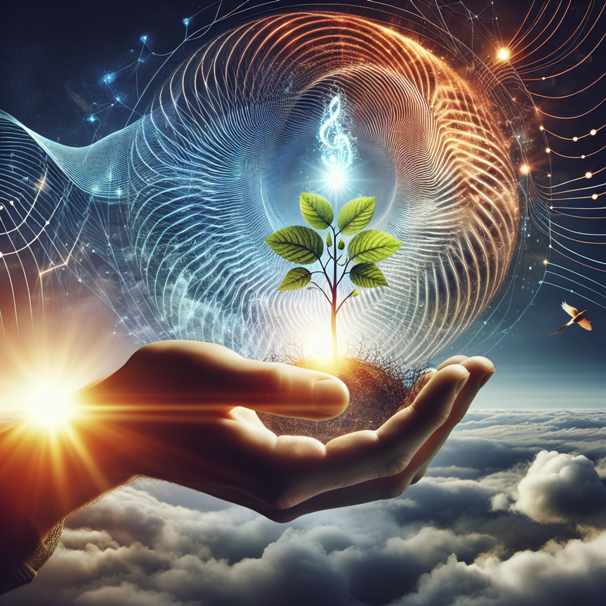 A hand holding a sprouting seedling with waves of energy and nature elements in the background.