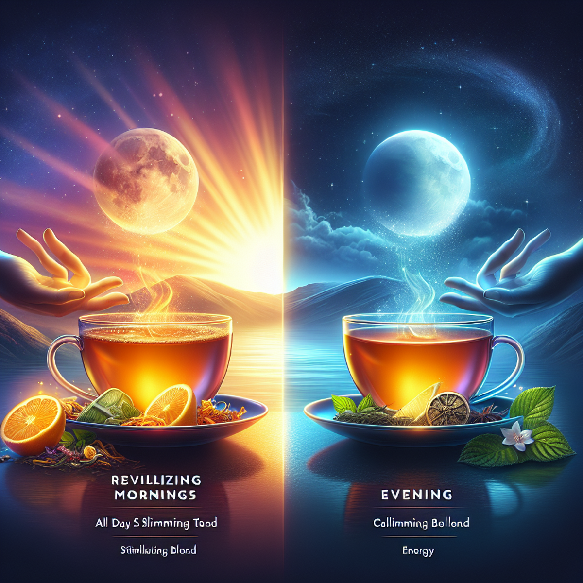 A cup of energizing tea in the morning sunlight, and a cup of calming tea under the moonlight.