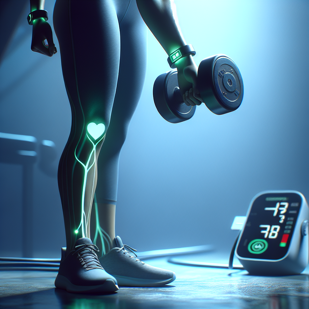 An Asian woman standing in a gym, holding a dumbbell with a virtual reality blood pressure monitor on her wrist.