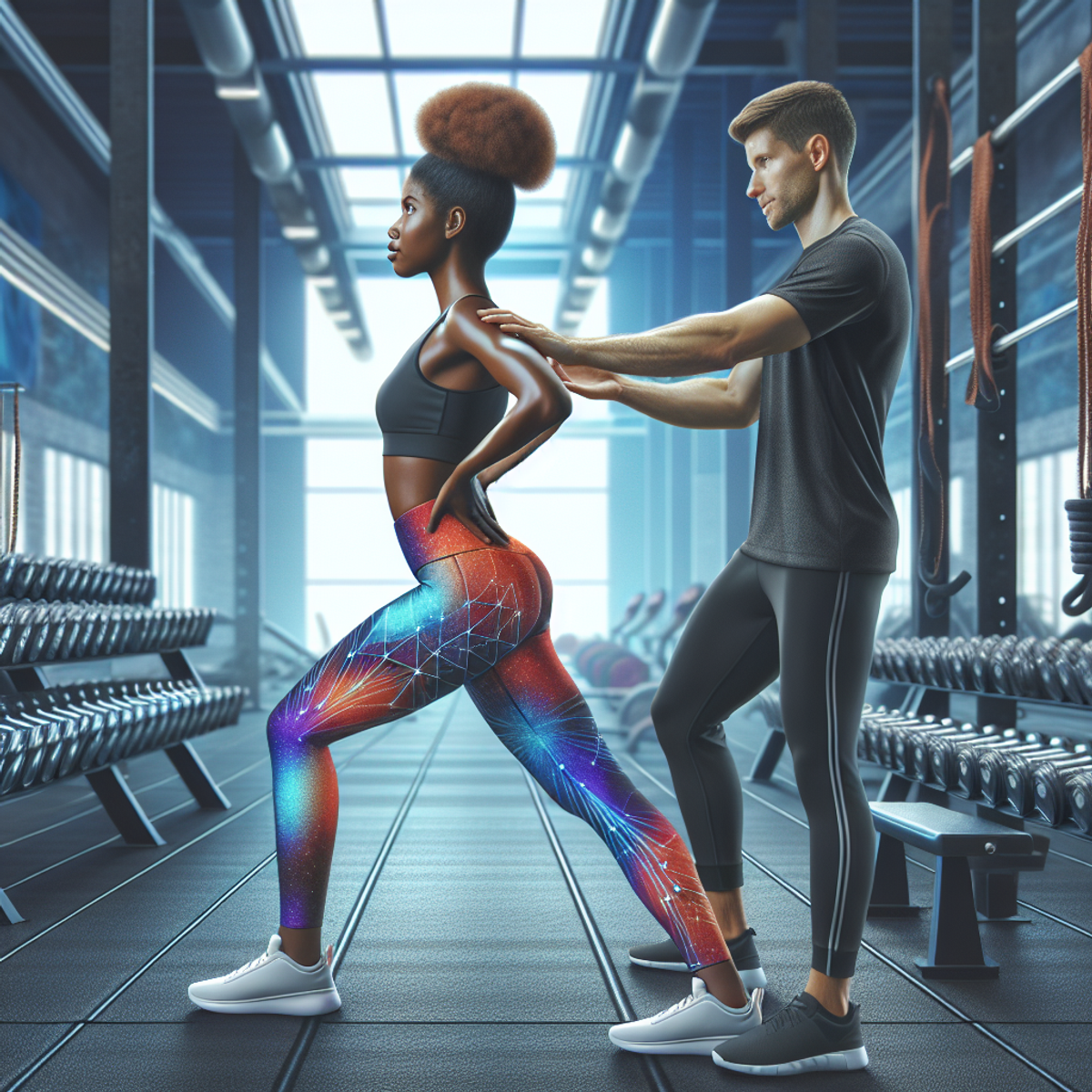 African woman stretching with fitness instructor in gym.