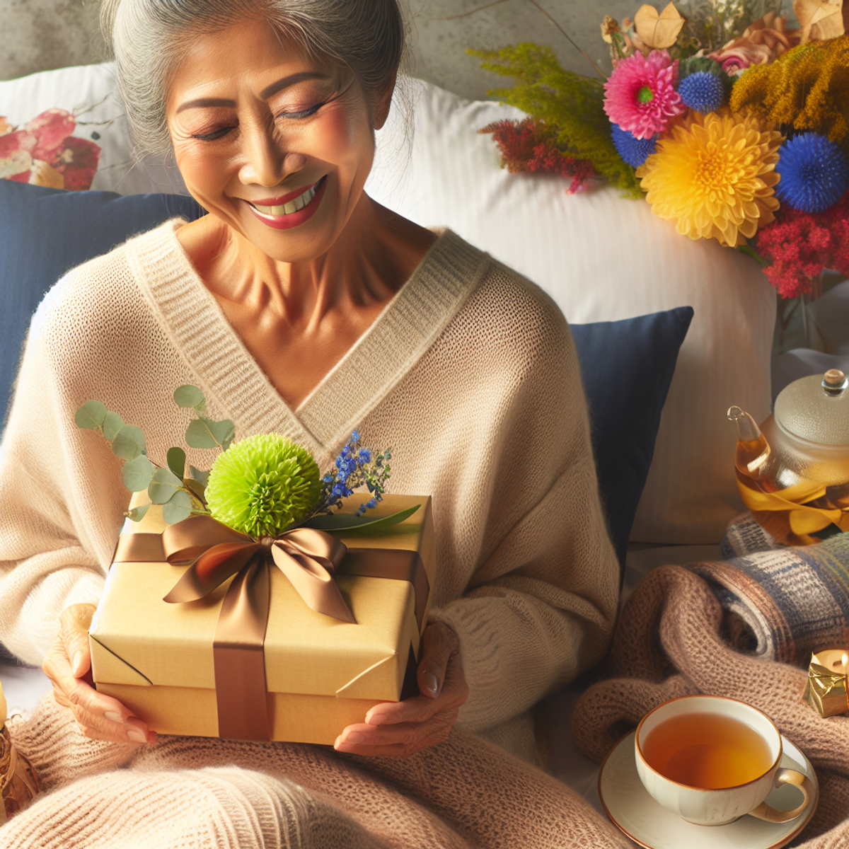 An elderly South Asian woman with a warm smile holds a beautifully wrapped gift box, surrounded by vibrant flowers, a cozy blanket, and a steaming cup