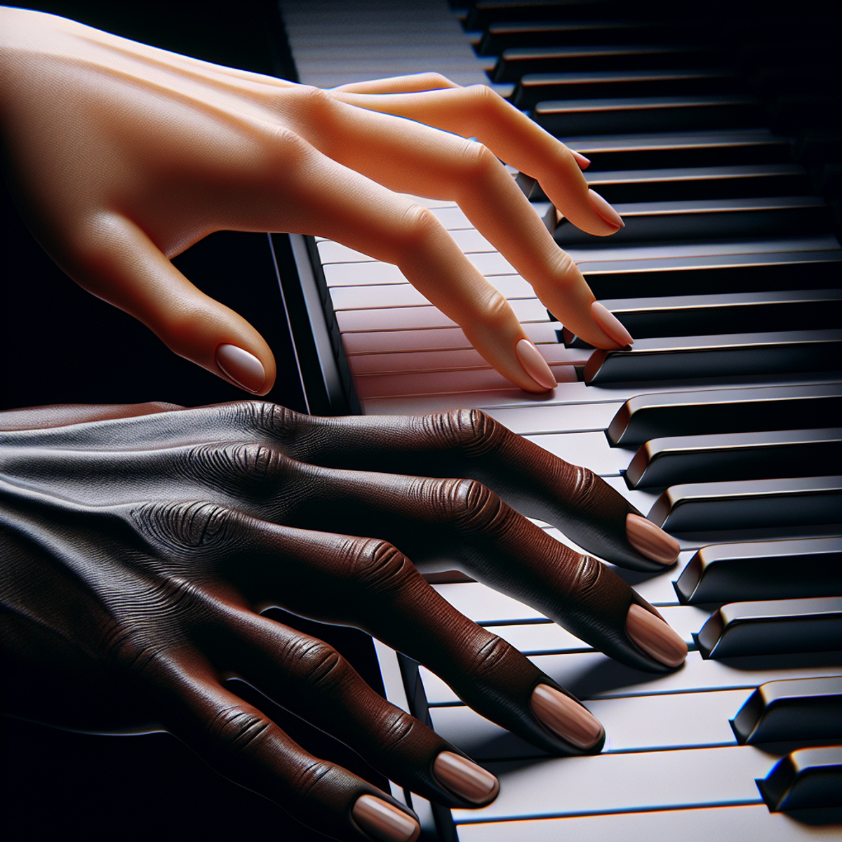 Close-up of multicultural hands playing piano keys