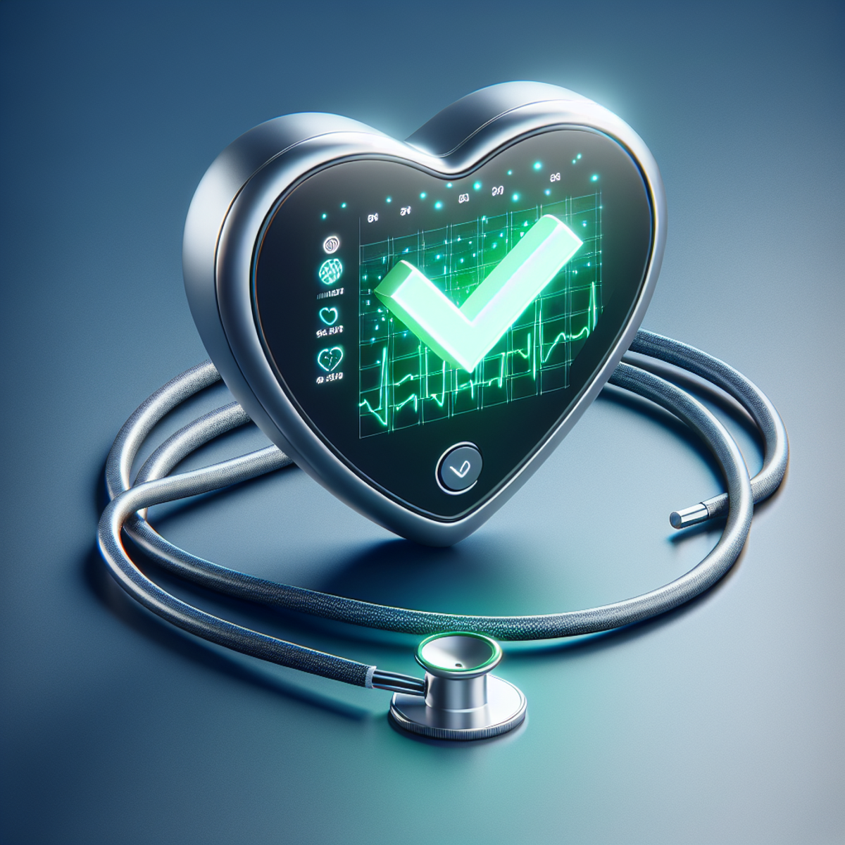 A sleek heart-shaped medical device with a glowing green checkmark on its digital screen.