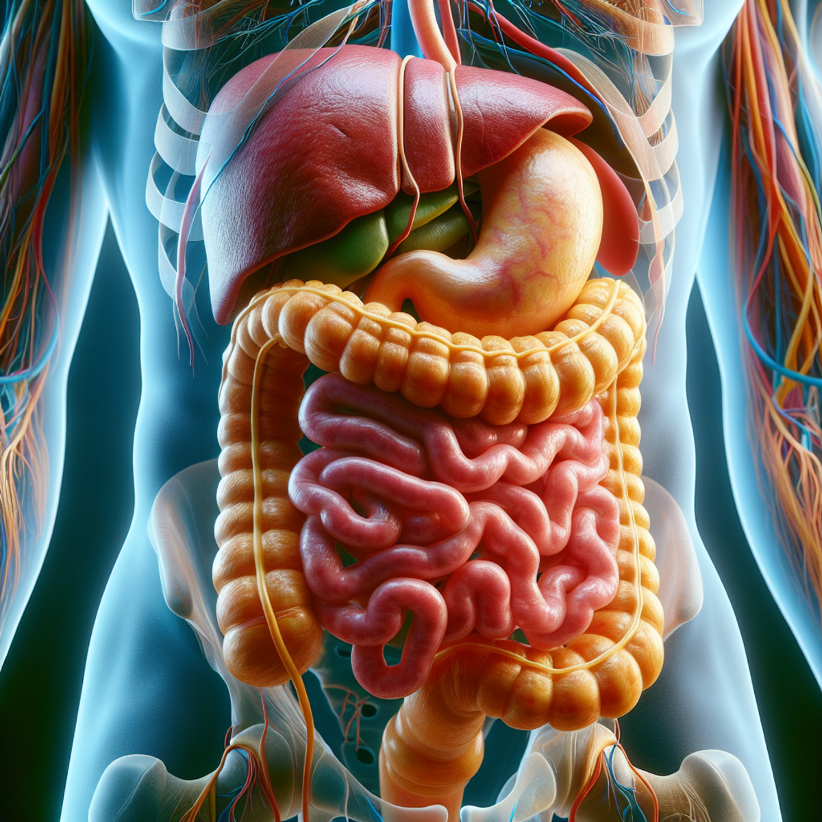 A detailed and vibrant close-up of a healthy human digestive system, highlighting the intricate details of the stomach, liver, intestines, and other c