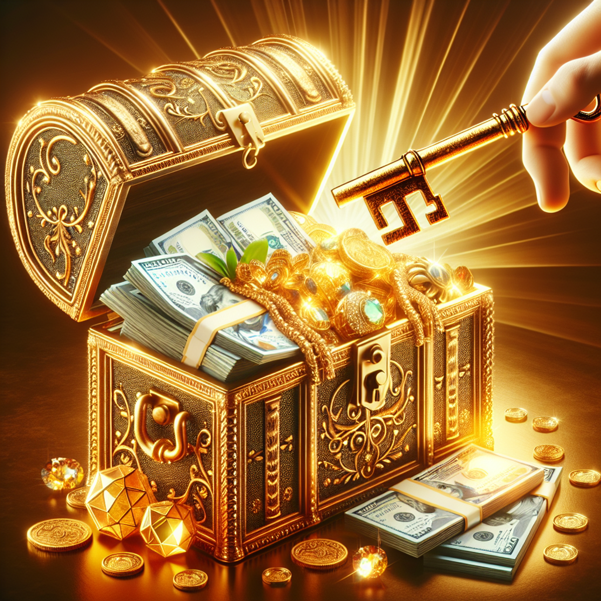 Alt text: A golden key unlocking an antique treasure chest filled with gold coins, jewels, and banknotes.