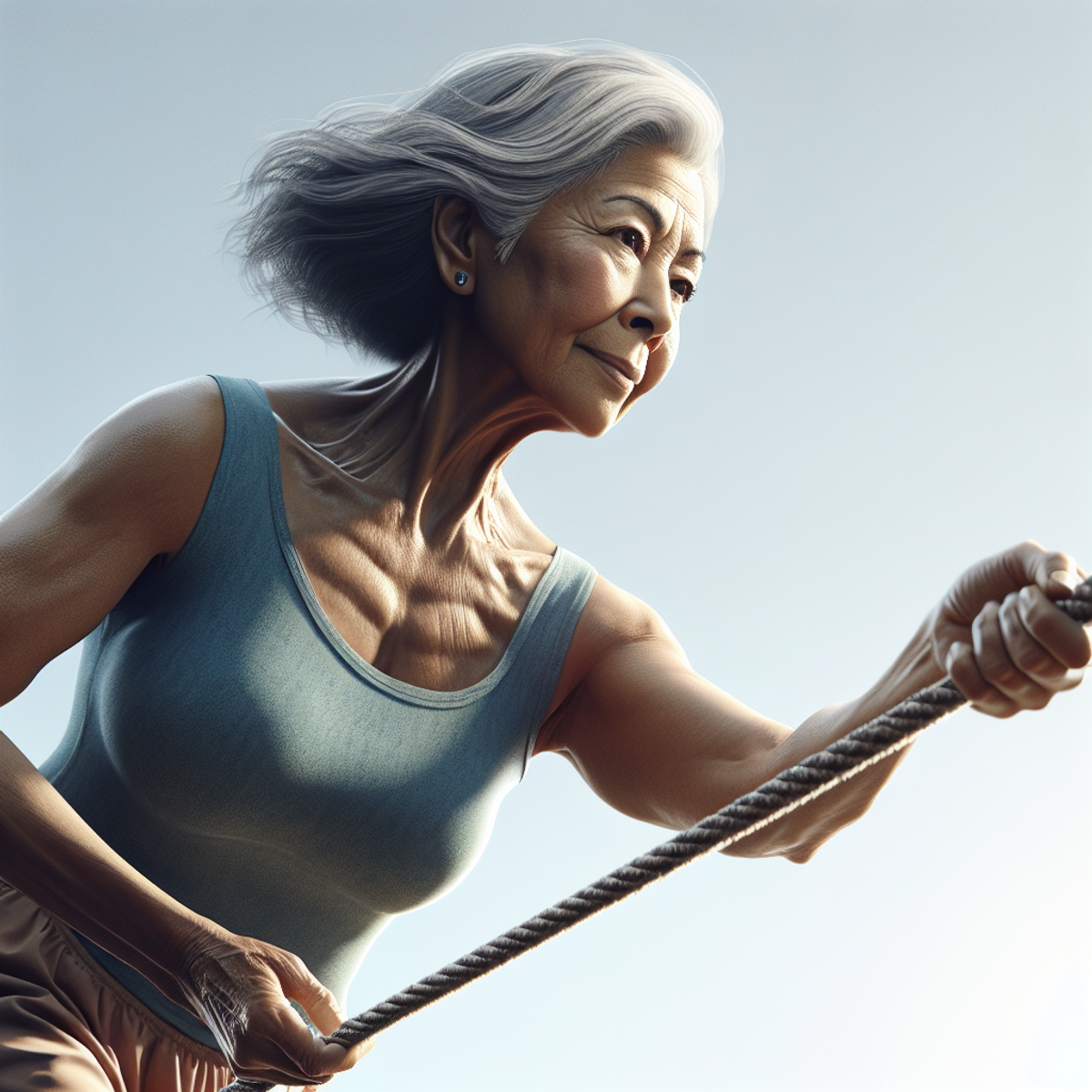 An older South Asian woman courageously walking on a tightrope, focused and determined.