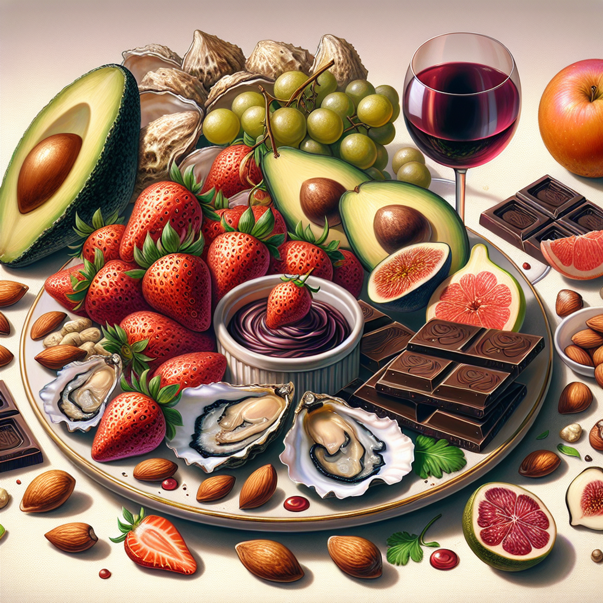 An image of a plate overflowing with vibrant, tempting aphrodisiac foods.