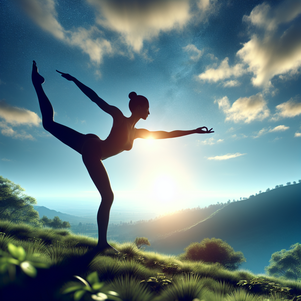 A South Asian woman stands on one foot with arms outstretched for balance against a serene natural background of clear blue sky and lush greenery.