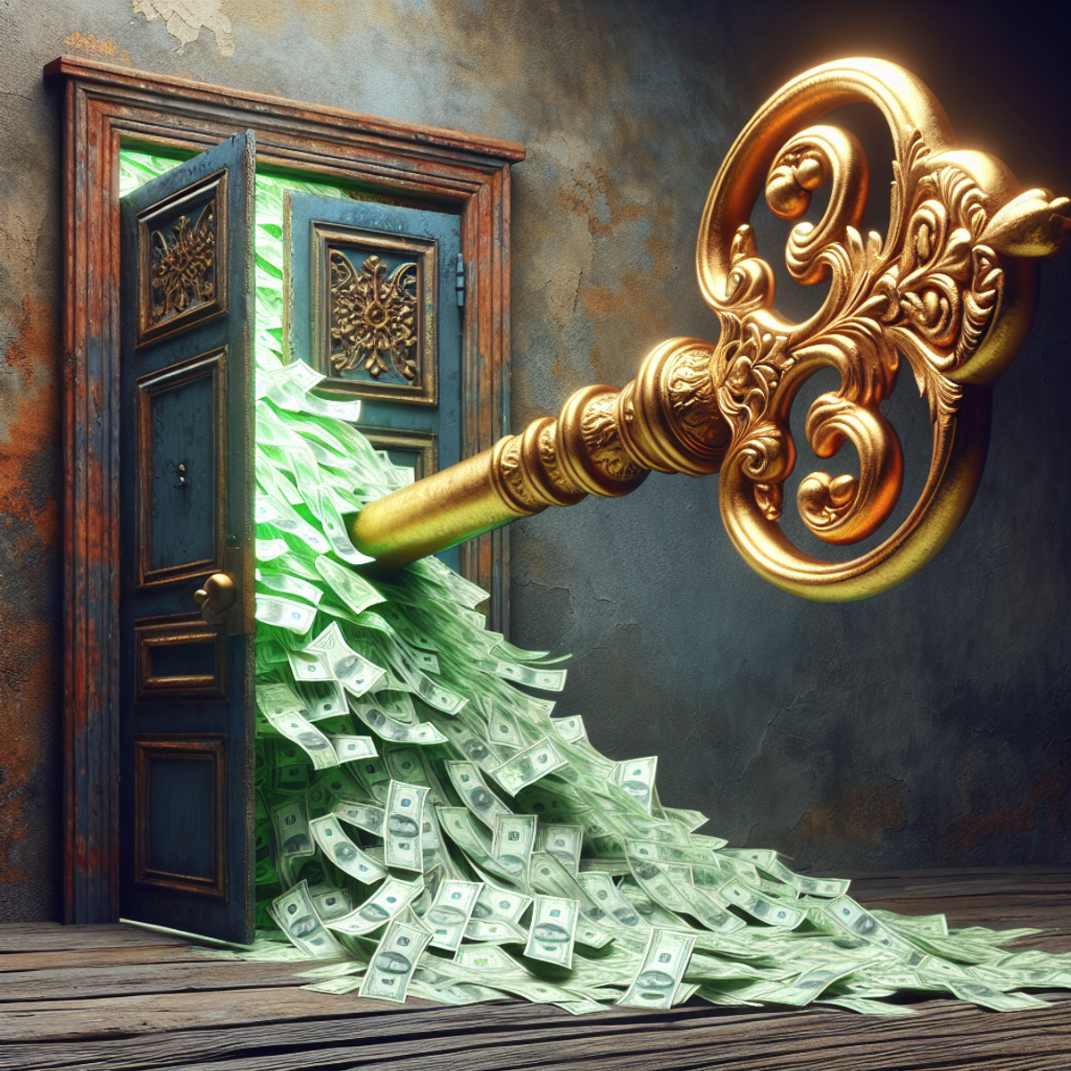 A golden key with intricate carvings unlocking an aged wooden door, with a rush of green paper currency flowing out from the other side.