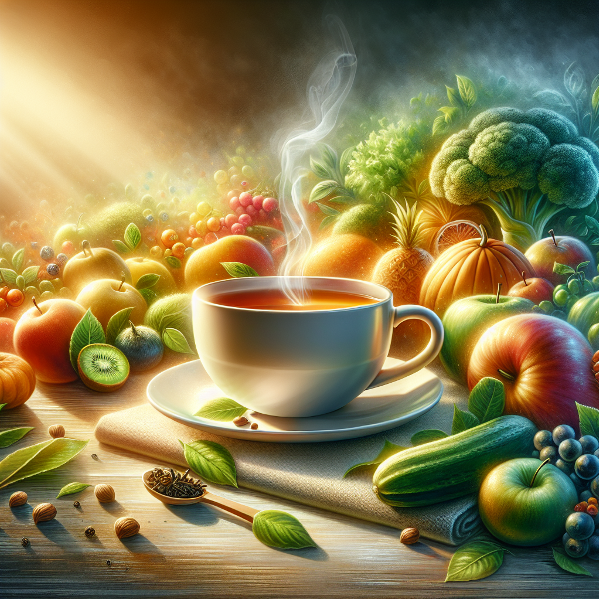 A cup of freshly brewed tea surrounded by a variety of lush fruits and vegetables.