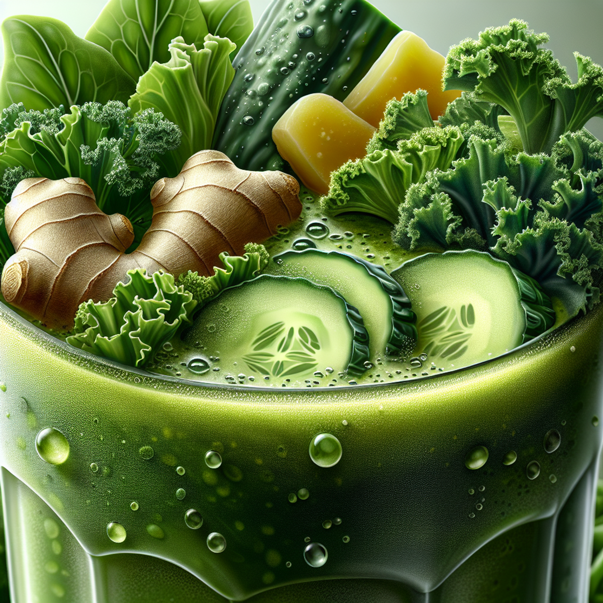 A close-up illustration of a vibrant green smoothie filled with fresh ingredients such as kale, cucumber, and ginger.