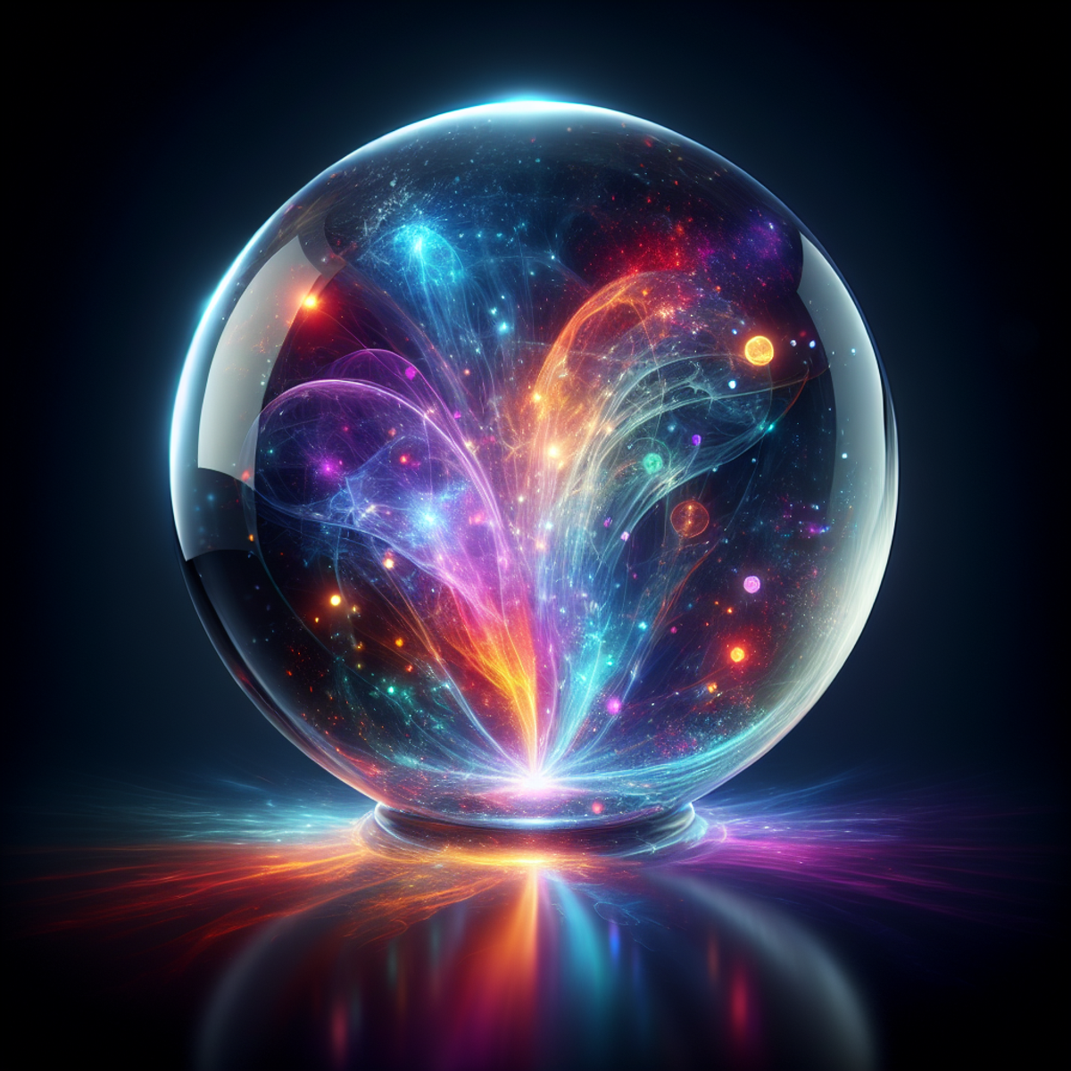 A crystal ball emitting colorful energies in a mystical setting.