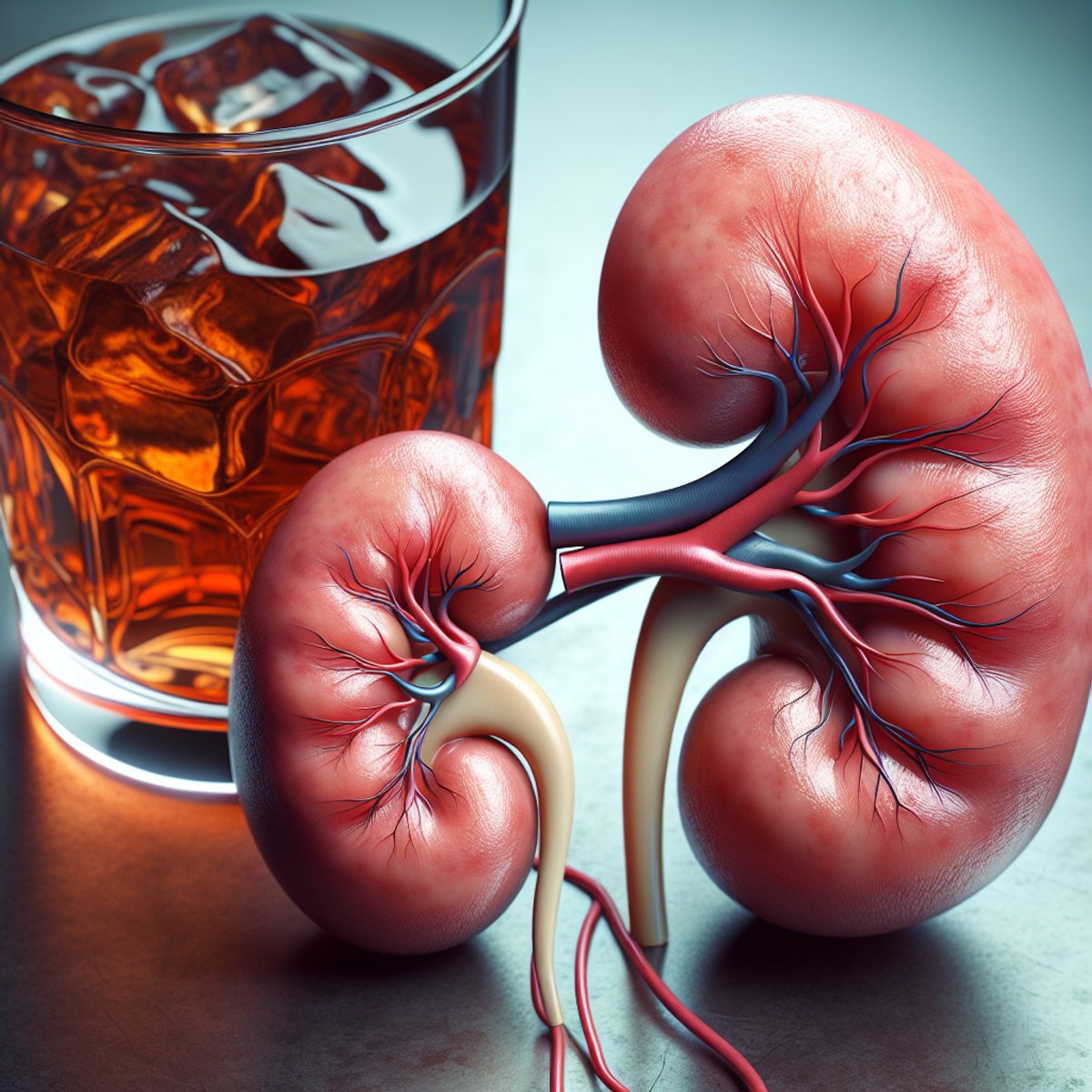 A pair of healthy human kidneys with a glass of dark alcohol on the side.