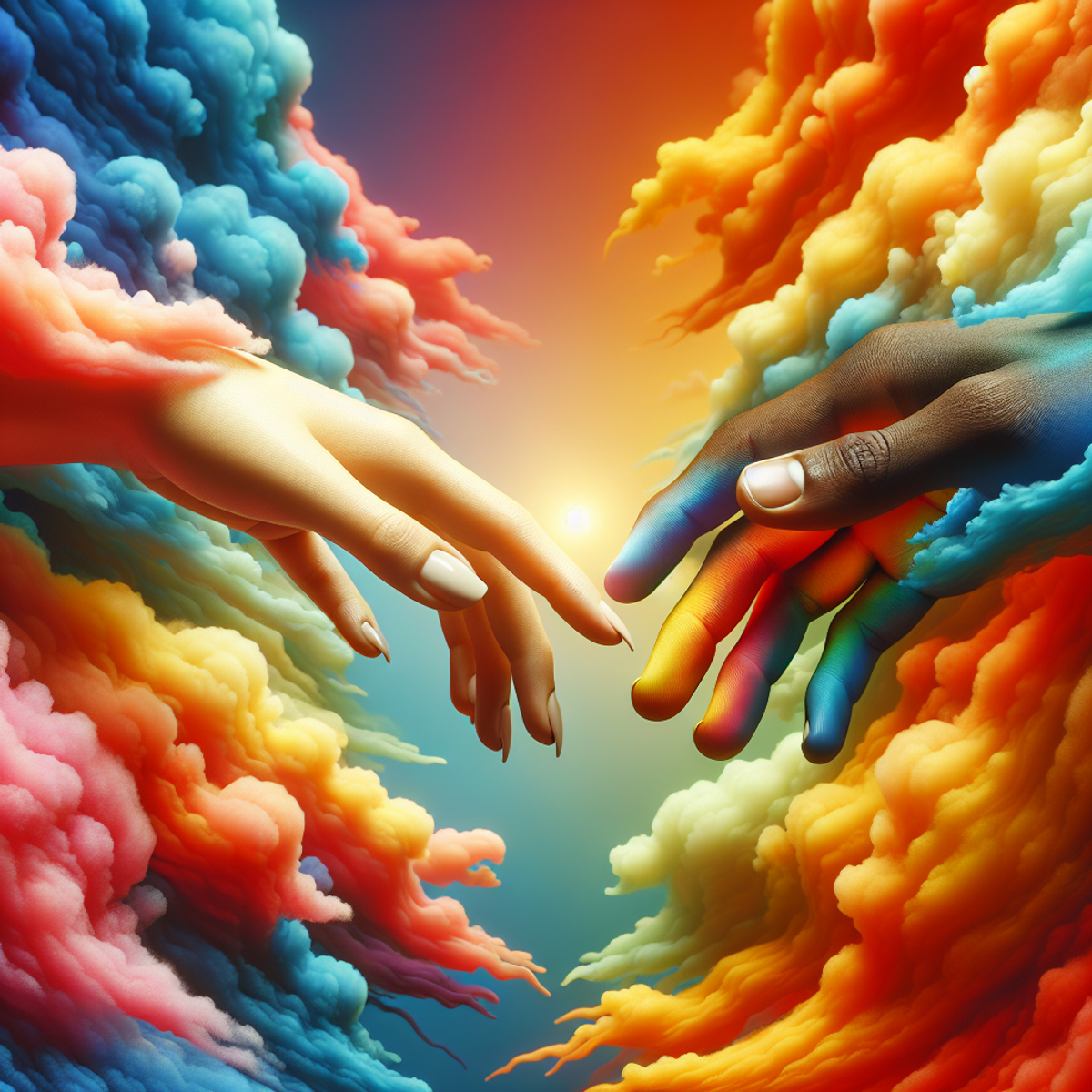 Two hands of different skin tones reaching out towards each other against a vibrant, colorful background.