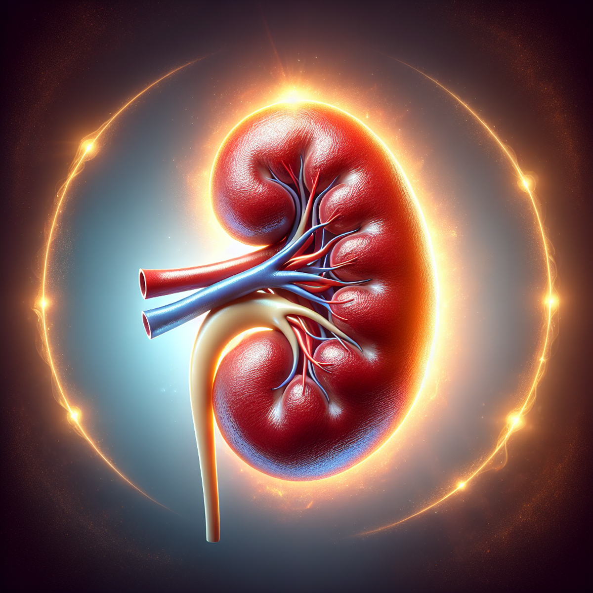 A vibrant and robust healthy kidney, exuding vitality and strength, enveloped by a golden aura.