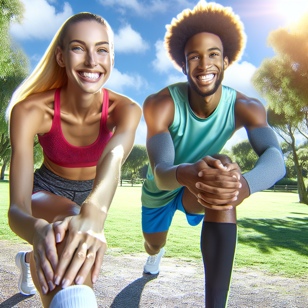 A happy Caucasian woman and an African American man, both athletic, stretching their legs in a sunny park.