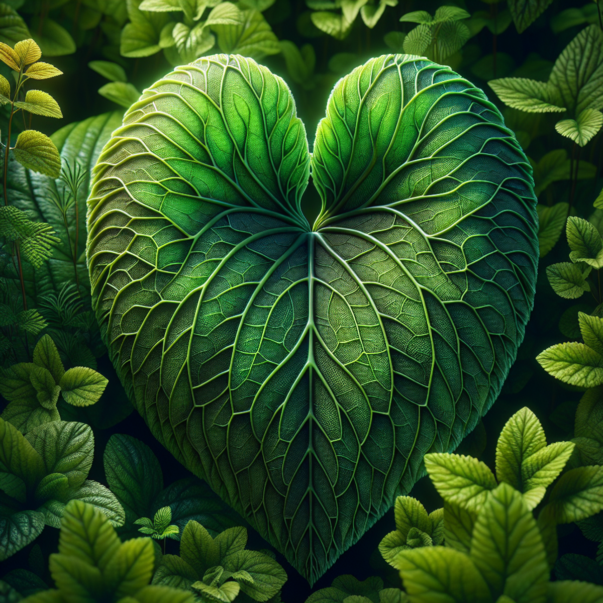 Close-up image of a heart-shaped leaf with intricate veining, nestled in lush greenery.