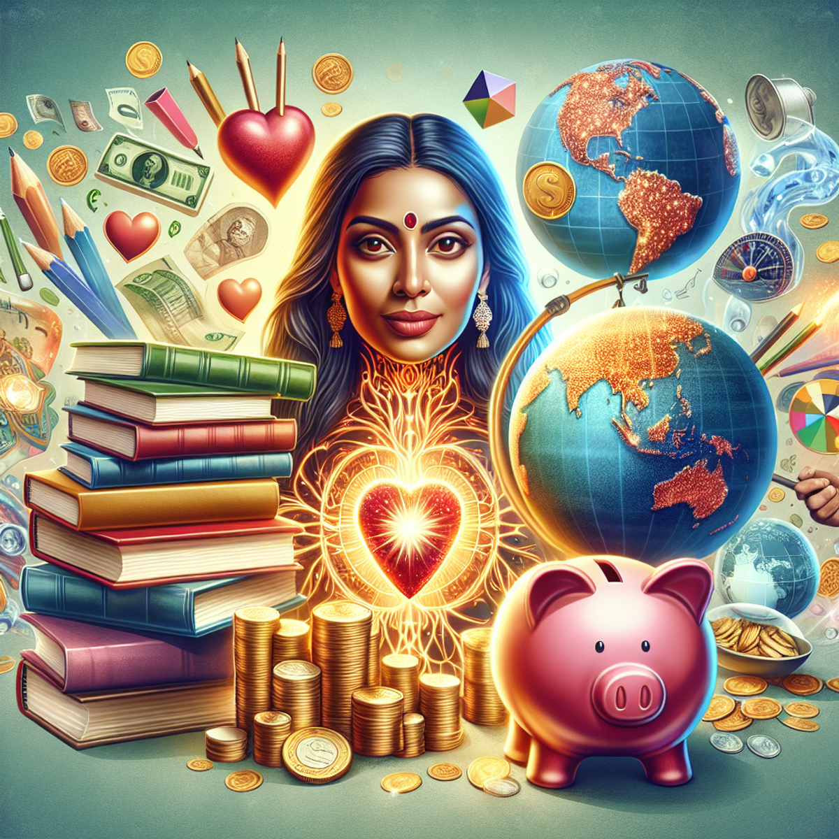 A South Asian woman surrounded by symbols of wealth and abundance - a tall stack of books, a glowing human heart, a detailed globe, and an overflowing