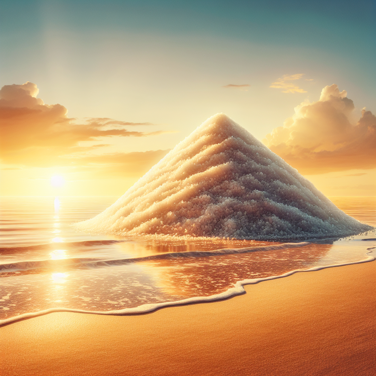 A serene beach scene with a pile of salt glowing in the sunset.