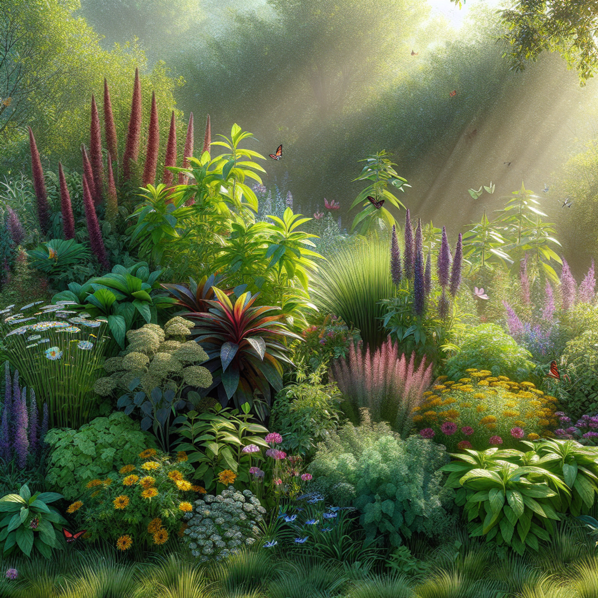 A lush garden filled with vibrant medicinal herbs, bathed in sunlight, and dotted with butterflies.