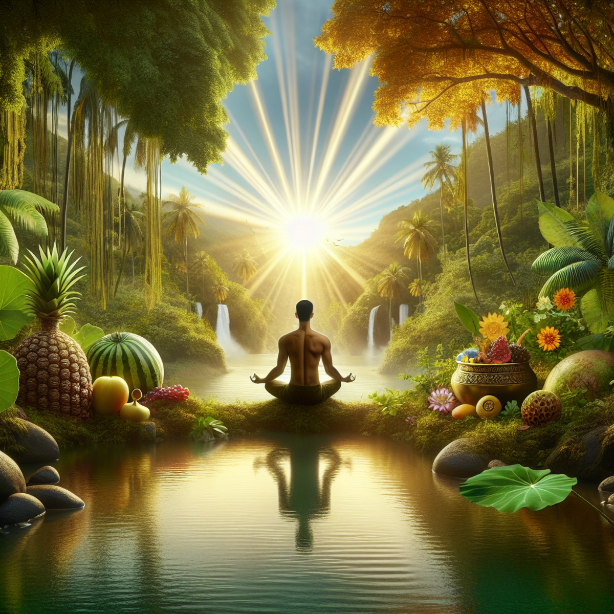 A South Asian man sitting in a meditation posture surrounded by lush greenery, serene water, and radiant sunlight.