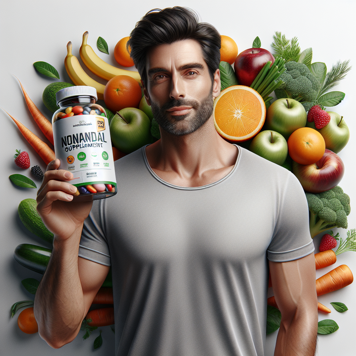 A man holding a bottle of dietary supplement surrounded by fresh fruits and vegetables.